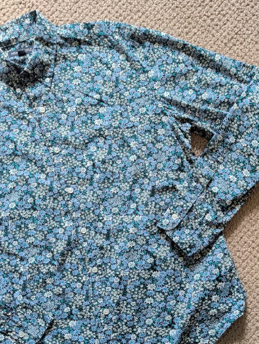 Men's Blue Floral Button-Down Elevated Smart Casual Shirt L